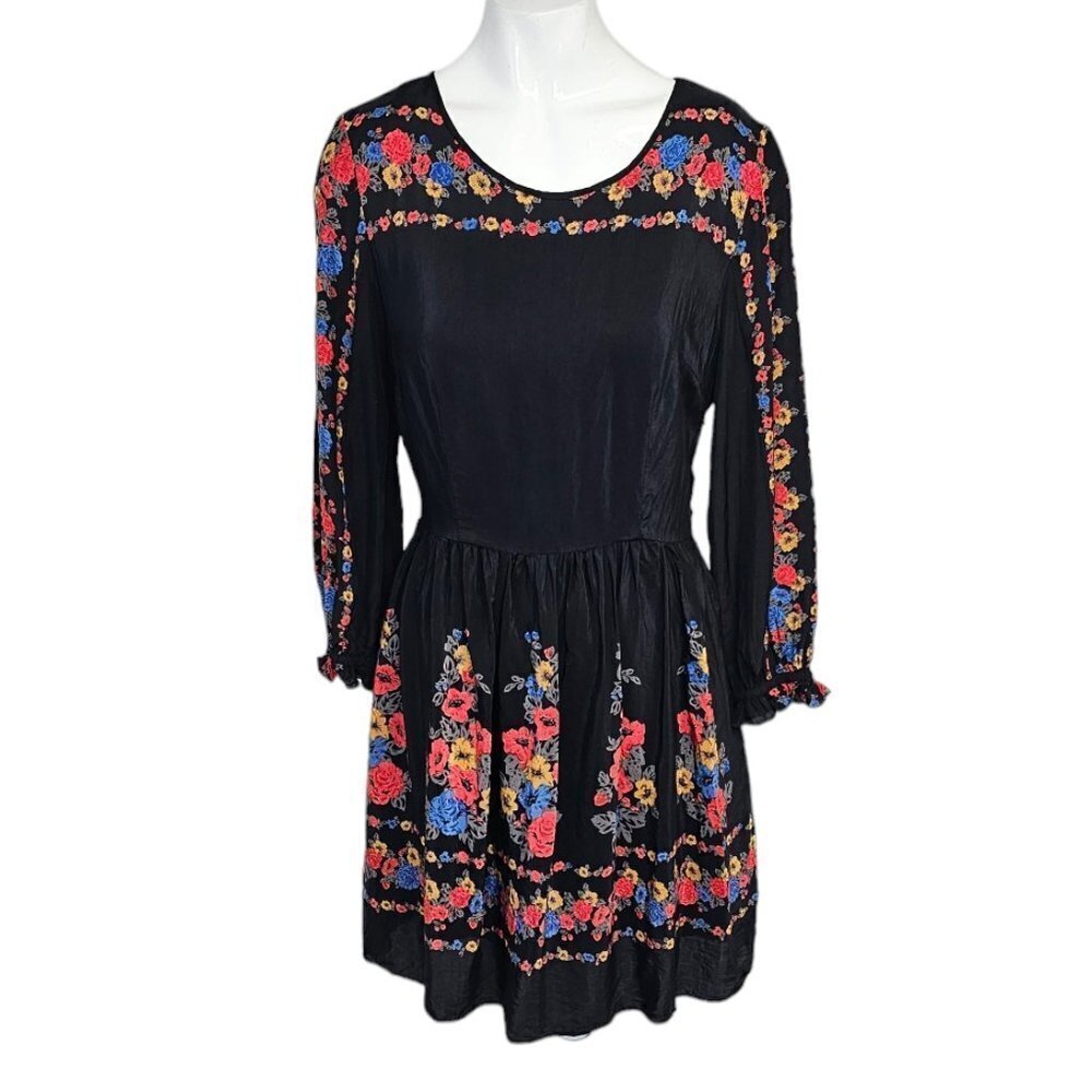 Free People Age Of Aquarius  Black Floral Mini Dress Size 4